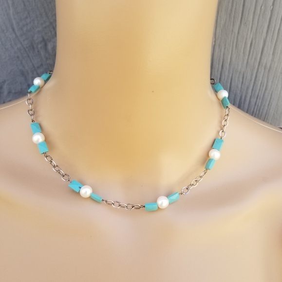 VINTAGE STERLING SILVER CHAIN WITH GENUINE PEARLS & TURQUOISE NECKLACE - Picture 1 of 6